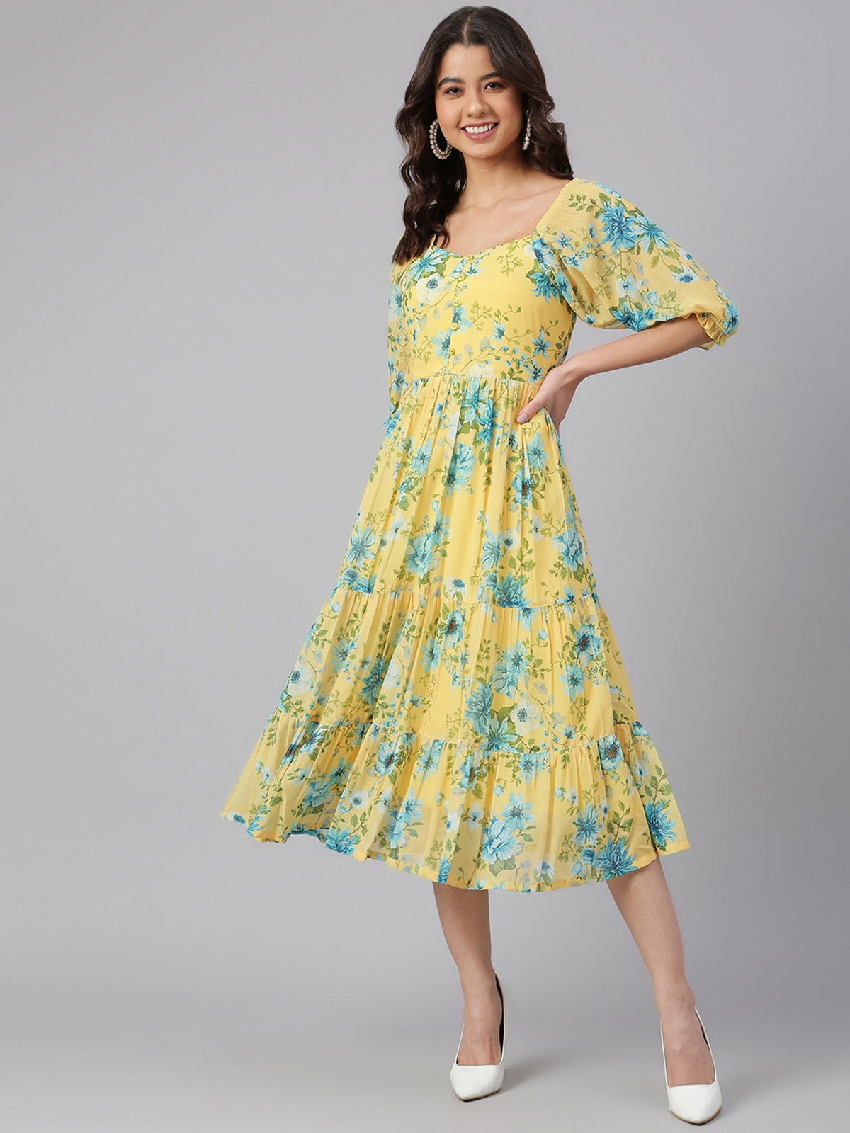 Women's Yellow Georgette Floral Print Flared Dress