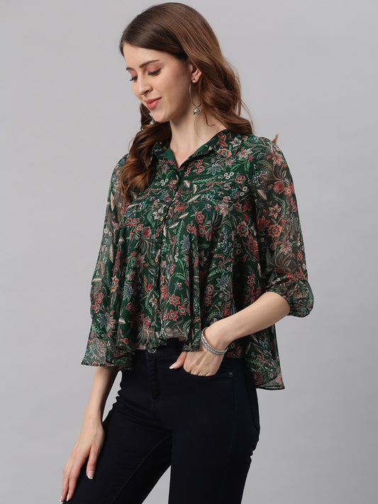 Women's Green Poly Georgette Floral Print Regular Top