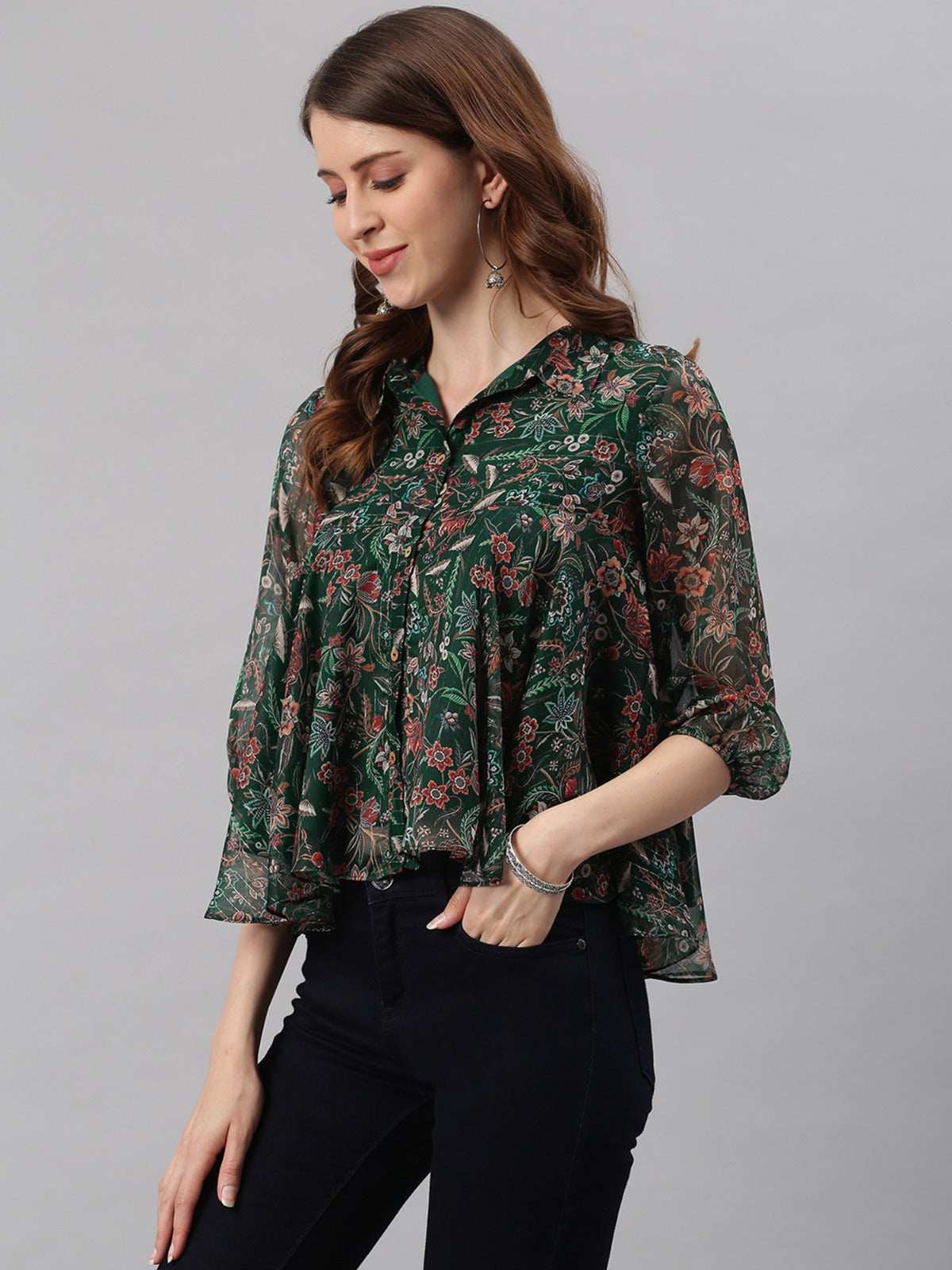 Green Poly Georgette Floral Print Regular Top