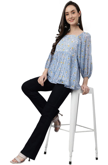 Blue Georgette Floral Print Peplum Top