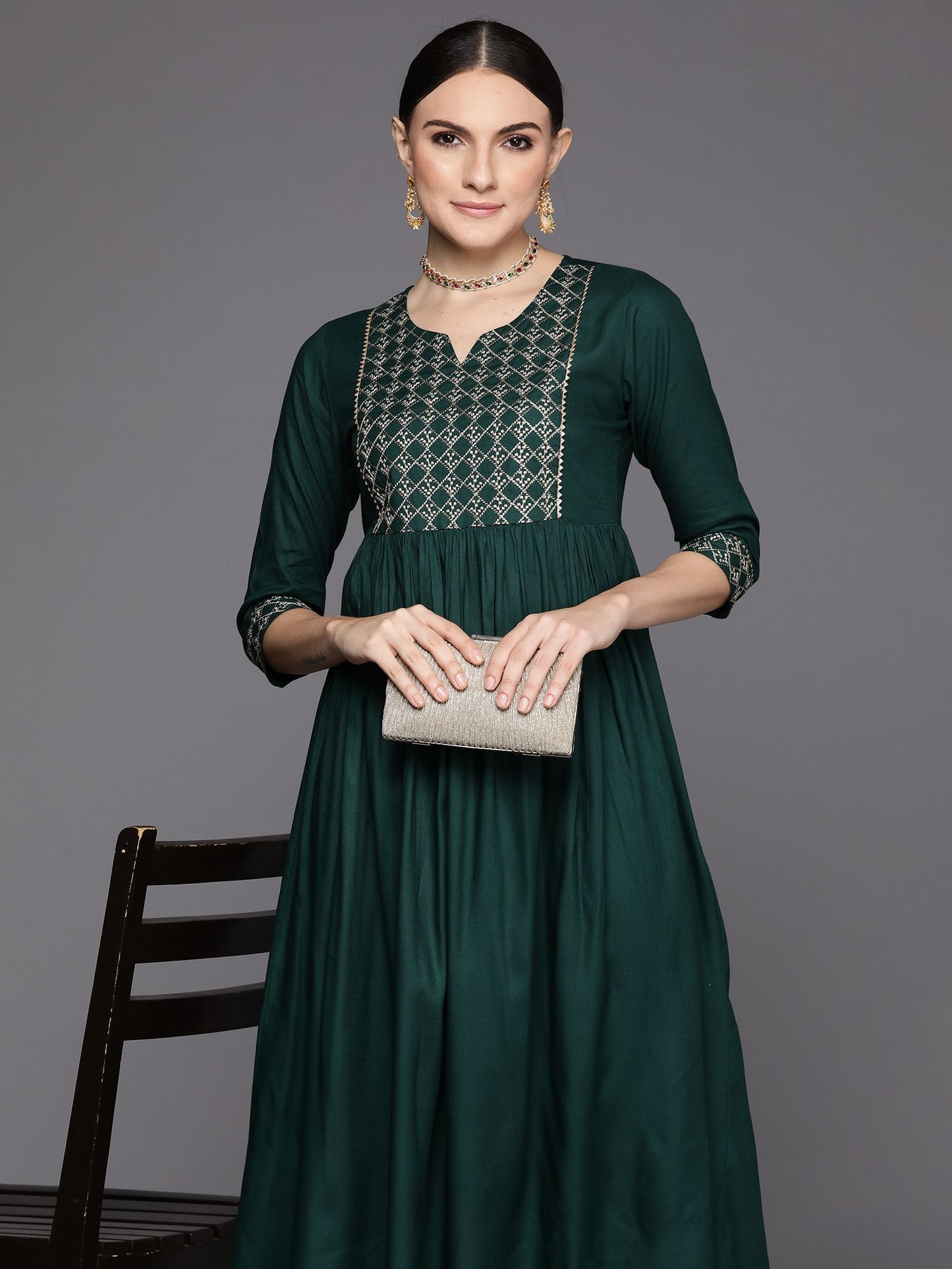 Green Embroidered A-Line Ethnic Dress