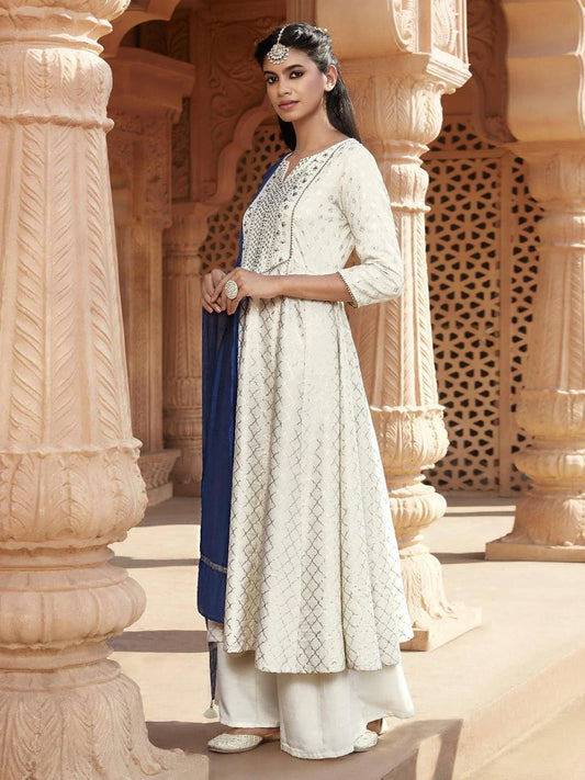 Off- White Poly Silk Ethnic Motifs Kurta With Palazzo And Dupatta