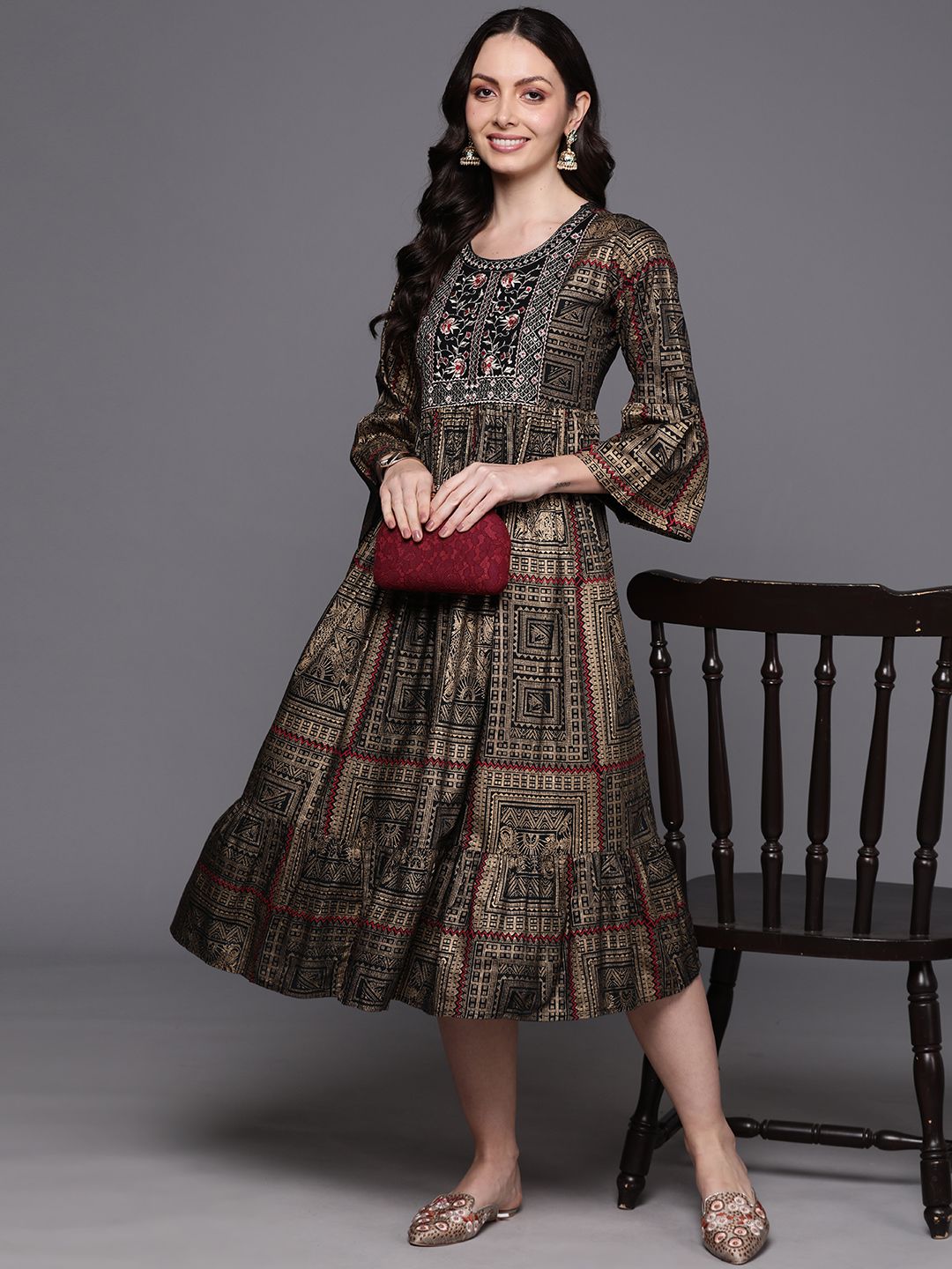 Black Embroidered A-Line Ethnic Dress