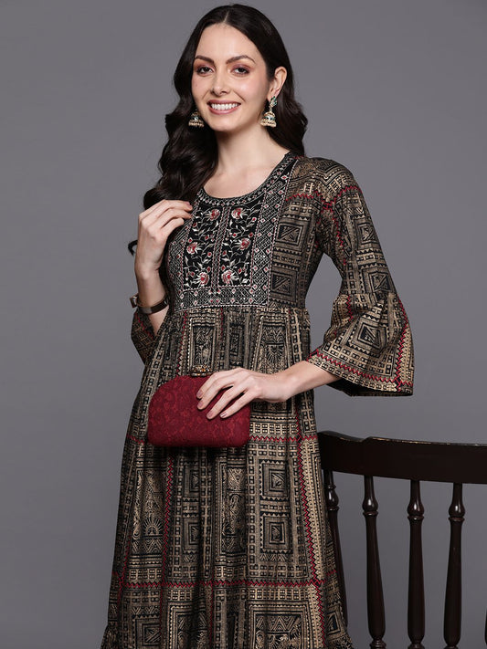 Black Embroidered A-Line Ethnic Dress