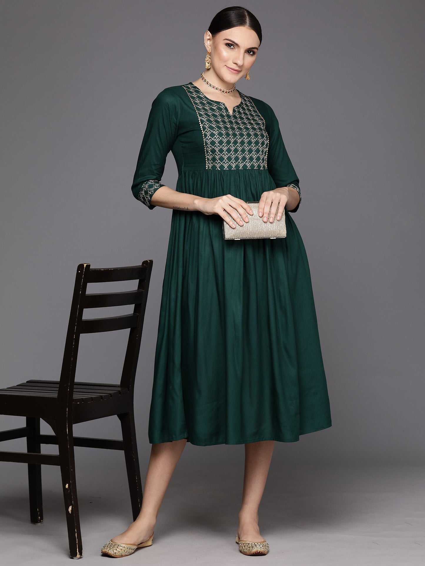 Green Embroidered A-Line Ethnic Dress