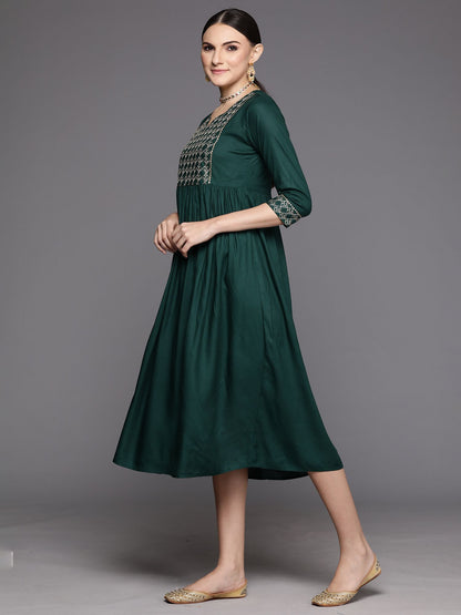 Green Embroidered A-Line Ethnic Dress